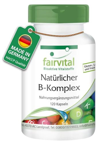 Fairvital | Vitamin B Komplex - natürlich aus Hefe - alle 8 B-Vitamine (B1, B2, B3, B5, B6, B7, B9, B12) - VEGAN - 120 Kapseln - mit Cholin und Inositol