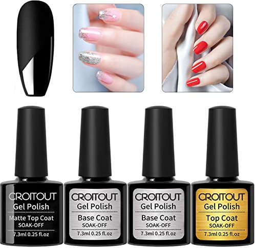 Croitout Gel Base and Top Coat Sets, UV LED Top Coat and Base Coat, No Wipe Matte Top Coat Gel Polish, Soak Off Top and Base Coat Gel Polish Set, Long Lasting Shiny High Gloss Finish 4 x 7.3ml