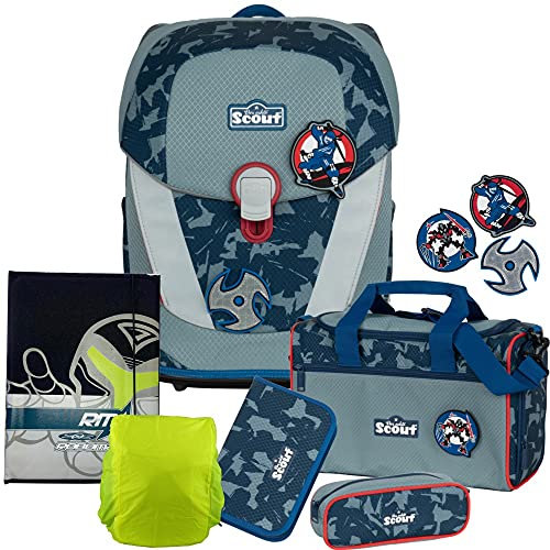 Blue Ninja - Scout Sunny II mit Funny Snaps® Schulranzen-Set 6tlg. mit HEFTMAPPE - REGENHÜLLE GRATIS DAZU