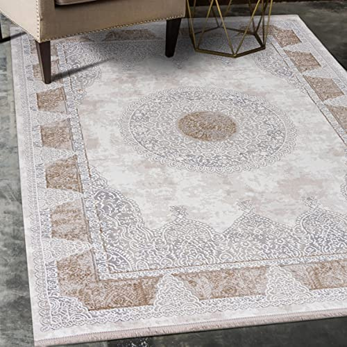Mazovia Orientalisch Vintage Teppich - Kurzflor - Weich Traditioneller Teppich für Wohnzimmer, Schlafzimmer, Esszimmer - ÖKO-TEX Wohnzimmerteppich - Teppiche mit Fransen Beige 300 x 400 cm