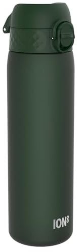 Ion8 Water Bottle, 500 ml/18 oz, Leak Proof, Easy to Open, Secure Lock, Dishwasher Safe, BPA Free, Hygienic Flip Cover, Carry Handle, Fits Cup Holders, Easy Clean, Carbon Neutral, Dark Green