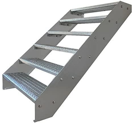 Premium Caillebotis acier Escalier à limon 6 Marches Entièrement galvanisé et Argenté Limons revêtus de poudre - Dimensions (L x l x H) 120cm x 60cm x 114cm