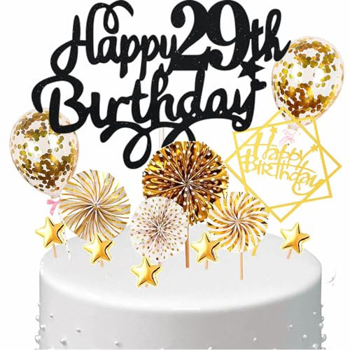Conruich Tortendeko Happy Birthday Kuchen Topper 29. Geburtstag Frau,Kuchendeko Happy 29th Birthday, Schwarz Cake Topper 29. Geburtstag Konfetti Ballon für Geburtstagstorte Deko 29 Jahre Frauen Männer
