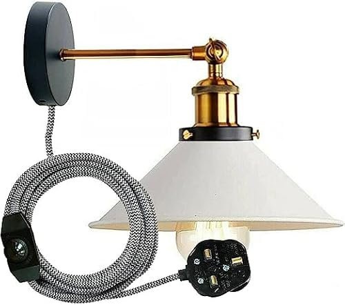 LEDSone Industrial Plug in Wall Light Fixture, Vintage 2m Fabric Cable 3 Pin Wall Mounted Sconce Adjustable Arm 180º E27 Base Antique Retro Metal 22cm Shade for Bedside Kitchen (White, Without Bulb)