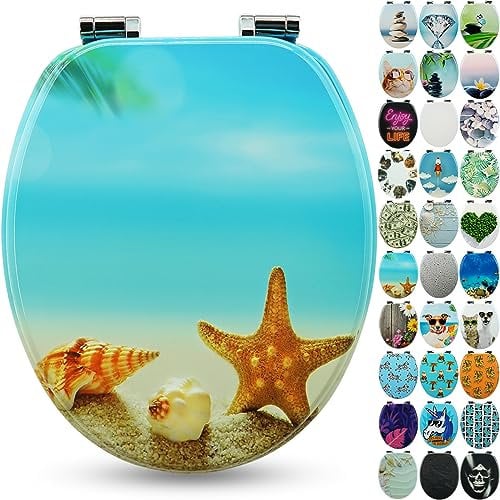 Sanfino® Premium Toilet Seat with Soft Close - Wooden Toilet Lid, Lots of Colourful and Decorative Designs, high Seating Comfort, Easy to Install Including Instructions - Seastar Beach