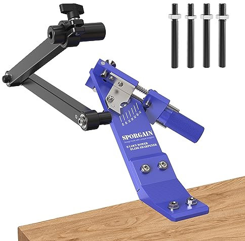 Rasenmäher-Messerschärfer, 15°-45° Verstellbarer Rahmen mit Kugellager-Herstellungsgriff für Rechts- und Linkshänder, Verwendung mit Winkelschleifer, Blau