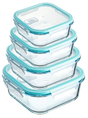 Mayaaran Square Glass Containers with Lids 4 Pack- Food Storage Containers, Kitchen and Fridge Storage, Airtight Meal Prep, Lunch box, Dishwasher Microwave safe,(Square)