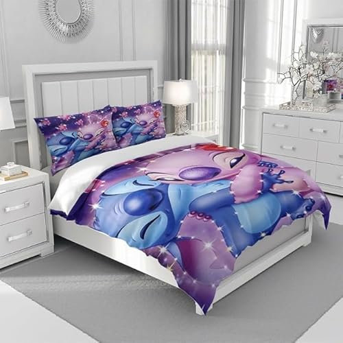 DELLIOP Bettbezug, 3-teilig, Motiv Lilo & Stitch, mit Reißverschluss und 2 passenden Kissenbezügen 50 x 75 cm, Bettwäsche-Set für Mädchen und Jugendliche (Lila, Einzel (90x190))