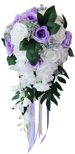 Fouriding Hochzeit Sträuße, Wasser Tropfen Wasserfall Braut künstliche Blumen Braut Rosen Strauß für Zeremonie Jahrestag Braut Dusche Party Hochzeit Dekoration Sträuße (Violett Weiß)