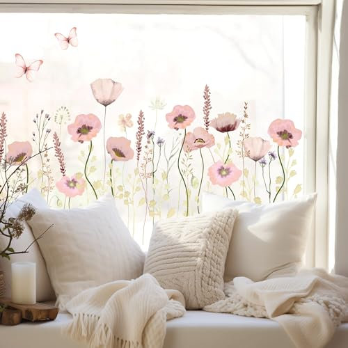 Wandtattoo Loft Fensterbilder Frühling mit rosa Mohnblumenwiesen – A2 Bogen, Wiederverwendbar – Frühlingsdeko Fenster, Frühlingsbild Fenster, Fensterdeko Frühling, Fensterfolie Frühling Selbstklebend