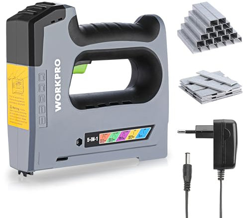 WORKPRO 5-in-1 Elektrotacker 3,6V, Akku Tacker Nagelpistole mit 2000mAh Batterie, Heavy Duty Elektronagle für JT21,T50,T20,BN18,PIN inkl. 2000 Klammern & Nägel, Ideal für Dekoration, Möbelbau