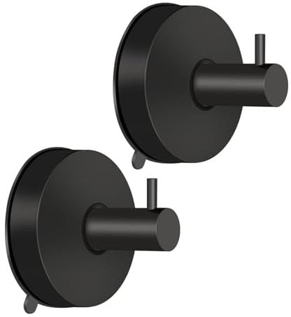 2 Pcs Suction Hooks, Vacuum Suction Cup Hook Removable and Reusable SuctionTowel Holder, Self Adhesive Waterproof Stainless Steel Heavy Duty Hook for Bathroom Kitchen (Black)