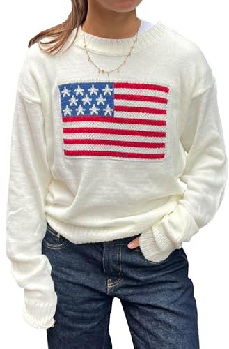 Felcia Damen-Pullover, lockerer Strickpullover, Amerika-Flagge, Druck, langärmelig, Rundhalsausschnitt, Herbst-Strickwaren, A-weiß, M