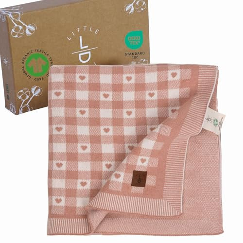 Little Dedi Bio-Baumwolle Babydecke mit Karos und Herzchen – GOTS Zertifiziert, Weich & Atmungsaktiv, 80x100 cm, Für Mädchen