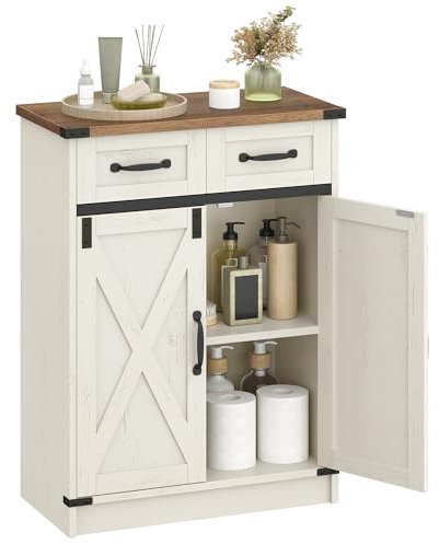 Hzuaneri Badezimmerschrank, Badschrank mit 2 Schubladen, Küchenschrank mit 2 Türen, Aufbewahrungsschrank, Verstellbare Ablage, Landhausstil, Wohnzimmer, 30 x 60 x 80 cm, Vintagebraun-Weiß SC62414X