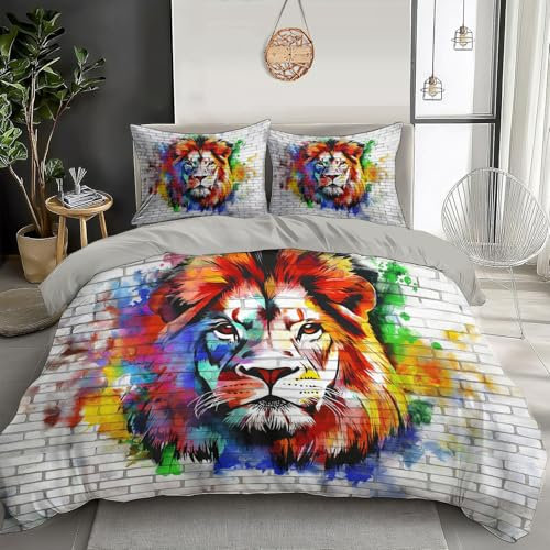 DLERFLOVR Bettwäsche 135x200cm - Bunter Löwe Wende Bettwäsche Set Graffiti-Tiere Bettbezug 3 teilig mit Reißverschluss und Kissenbezug 80x80 cm