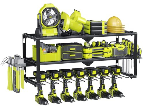 BILIONE 3 Layers Wall-Mounted Tool Rack, Heavy-Duty Large Garage Power Tool Storage, Tool Organizer with 7 Drill Holders, Steel Construction, Black, Suitable for Various Tools and Hardware Accessories