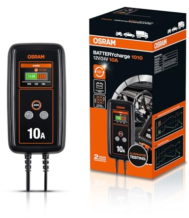 OSRAM BATTERYcharge 1010, 12 V, 10 A, pour voitures et fourgonnettes, compatible avec les batteries AGM, EFB, plomb-acide et lithium, charge rapide, mode de maintien de charge, compatible Start/Stop.