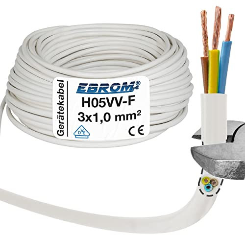EBROM Kunststoff Schlauchleitung RUND, Kabel, Stromkabel, Leitung, Gerätekabel H05VV-F 3x1,0 mm² 3G1 mm2 - Farbe: weiß - Viele Längen in 5 Meter Schritten bis 150 Meter, Ihre Kabellänge: 10 Meter