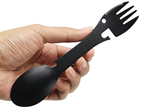 Multifunctional Spork Stainless Steel, Portable Spoon Fork Bottle Can Tin Opener for Camping, Travel, Backpacking, Hiking and Outdoor Activities (5-in-1)