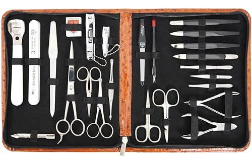 DREI SCHWERTER - Germany 23-tlg. Nageletui 'Varese' ALL IN ONE | Maniküre Nagelset im Kunstlederetui cognac Straussoptik | Inhalt: Nagelschere, Nagelzange, Haarschere, Nagelknipser und vieles mehr!