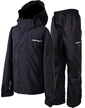 Acme Projects Regenanzug (Jacke + Hose), 100% wasserdicht, atmungsaktiv, Nahtband, 10000 mm / 3000 g, YKK-Reißverschluss (Herren, M, Schwarz)