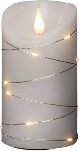 Konstsmide LED Echtwachskerze, weiß, mit 3D Flamme und silberfarbenem Draht umwickelt, mit 4h und 8h Timer, 1 warm weiße Diode / 13 LED Tropfen, batteriebetrieben, Innen - 1834-190