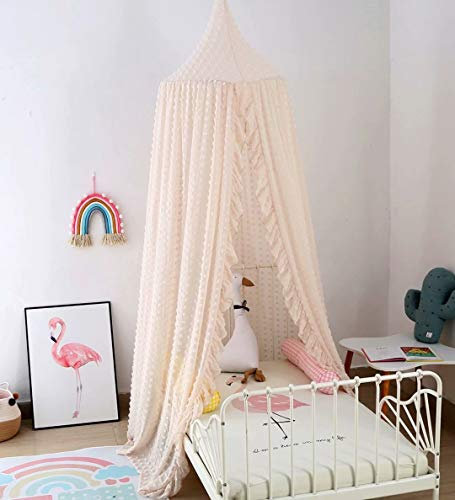 Runde Kuppel aus Chiffon-Baldachin Kinder Moskitonetz mit Wave Lace & Polka Dot Flocking Kinderzelt Bett Vorhang Perfekt für Mädchen, Kinderbett, Mädchenzimmer, Beige
