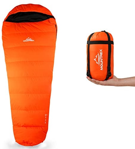 MOUNTREX® Schlafsack - Kleines Packmaß & Ultraleicht (760g) - Outdoor Sommer Schlafsack, Mumienschlafsack (205x80cm) - Kompakt, Warm und Leicht für Camping, Reise oder Festival - Koppelbar