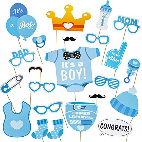 AIYONG Babyparty Fotorequisiten Junge - Babyparty Deko Junge, Blau Masken, Neugeborene Foto Stützen, Photo Booth Props fur Baby Party, Babydusche Photobooth Stützen