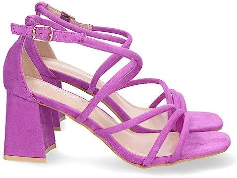 shoes&blues.es 75255-Sandalia de Tacon para Mujer, Comodo, con Tiras Finas Cruzadas, Talon Cerrado, y Cierre de Hebilla. Talla 39 Lila