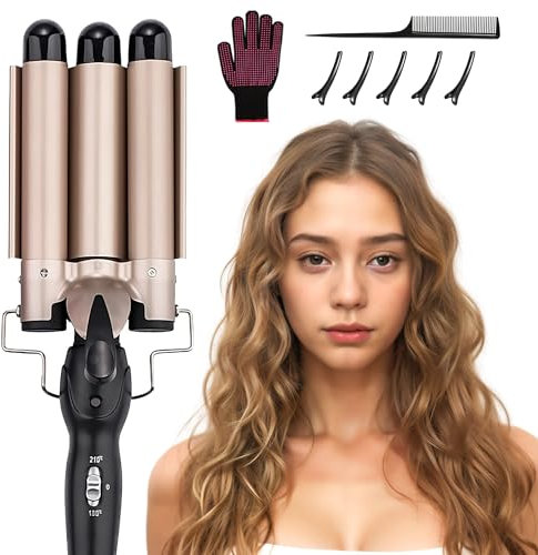 DazSpirit 3 Barrel Gold/Black Hair Waver for Long/Short Hair, 25mm Curling Iron Curling Wand Mermaid Hair Waver with Intelligent Temperature Control for Trendy Style
