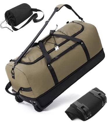 YHYEH 32''/80cm 110L Erweiterbare 140L Reisetasche mit 2 Inline-Rollen,Umwandelbare Große Wochenendtasche/Sporttasche mit Bungee-Cord-System,Armeegrün