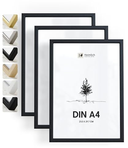 Heimlich® 3x Bilderrahmen DIN A4 21x30 cm Schwarz Holz Rahmen 3-Pack | Dokumentenrahmen 21x29,7 cm Klein Collage | Holzrahmen Holz-Bilderrahmen Echtholz | Picture Frame A4 Fotorahmen