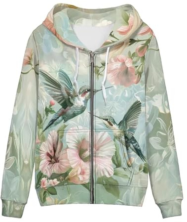 Showudesigns Zip Up Women's Hoodies & Sweatshirts XS-5XL, Hummingbird Flower Green, S