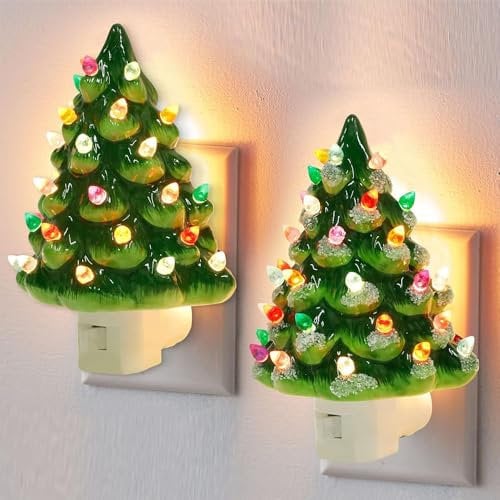 Christmas Tree Night Light, Christmas Ceramic Tree Night Light, Vintage Christmas Night Light, 6 Decorative Ceramic Tree Light with ON/Off Switch for Bedroom Living Room Xmas Decor (2pcs Green)