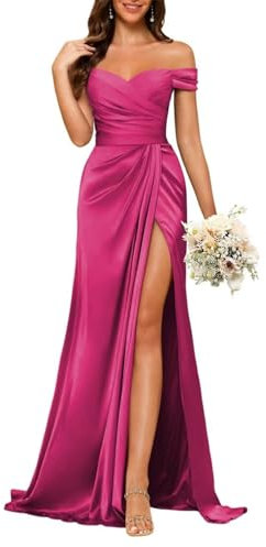 HPPEE Vestido de satén para mujer, plisado, con abertura, hombros descubiertos, vestido formal de dama de honor, fucsia, 48 Grande