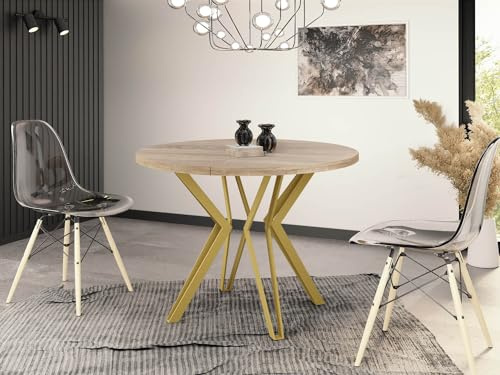 WFL GROUP Runder Tisch für das Esszimmer - 100 oder 120 cm Durchmesser - Ausziehbarer Tisch mit Pulverbeschichteten Goldenen Metallbeinen - Industriestil - 100 cm - Sonoma Eiche