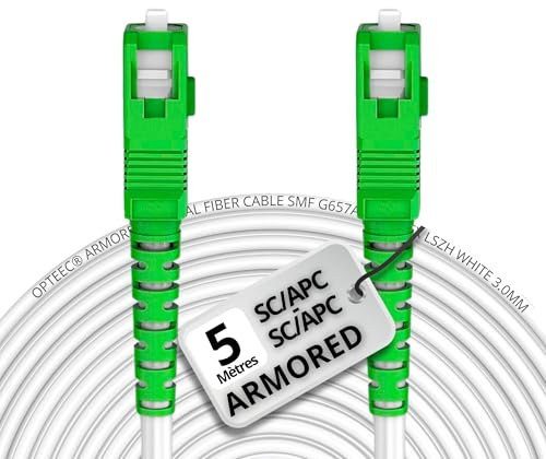opteec® - Câble Fibre Optique en Acier Blindé - ORANGE/SFR/BOUYGUES/SOSH/RED by SFR - Rallonge/Jarretière - SC/APC à SC/APC Renforcé - Simplex Monomode - Garantie 10 Ans (Armored, Blanc, 5M)