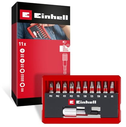 Original Einhell 11-Piece bit Set (25 mm PH/PZ/T/H bits, Sandblasted S2 Steel, E 6.3 Quick-Release bit Holder, Pocket Cassette with Set-up Function)