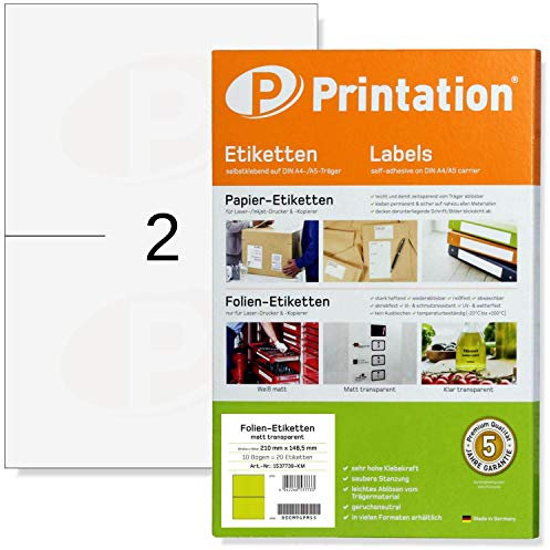 Printation 210 x 148 mm wetterfeste Folien-Etiketten transparent matt selbstklebend auf DIN A4-2 A5 Labels pro A4 Bogen/10 Blatt - 20 Klebeetiketten 210x148 Klebe-Folie mit Laser-Drucker bedruckbar