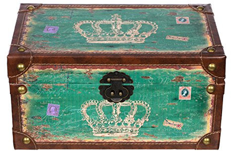 Truhe Kiste SJ14307 Krone Königin England Holztruhe mit Kunstleder bezogen im Vintage Look Schatzkiste Piratenkiste Metallbeschläge koloniale Holzbox mit Ornamenten Größe M 35x21x19cm Grün