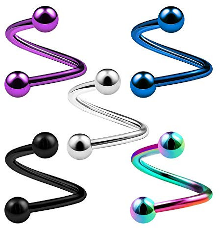 KJM FASHION 5 Stk Eloxiert Twister Spirale 1.2mm 16gauge 8 mm 5/16 3mm Kugel Tragus Lip Helix Cartilage Ohrringe Piercing Schmuck 3761