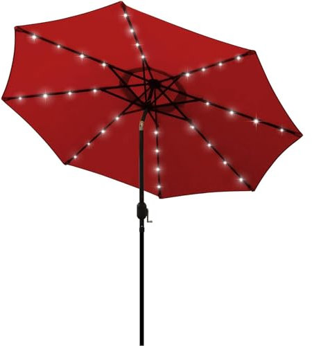 Blissun - Parasol solaire de 2,7 m - Avec 32 LED et manivelle - Pour jardin, terrasse, jardin, piscine et plage - Rouge