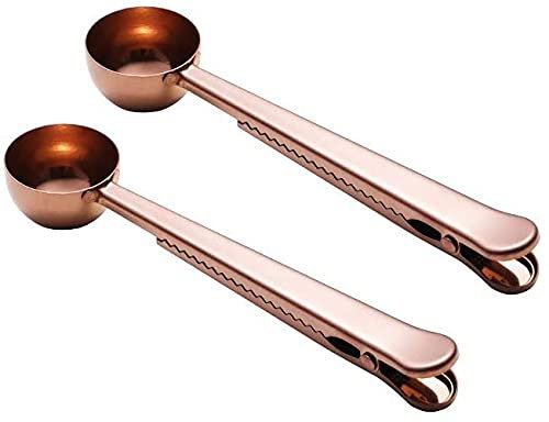 SUNSENGEUR Coffee Scoop Clip, Stainless Steel Coffee Scoop Bag Clip, Multifunction Coffee Scoop with Clip, Measuring Spoon Tea and Coffee Scoop Clip, Bag Clip for Coffee, Tea -2 Pack,Rose Gold