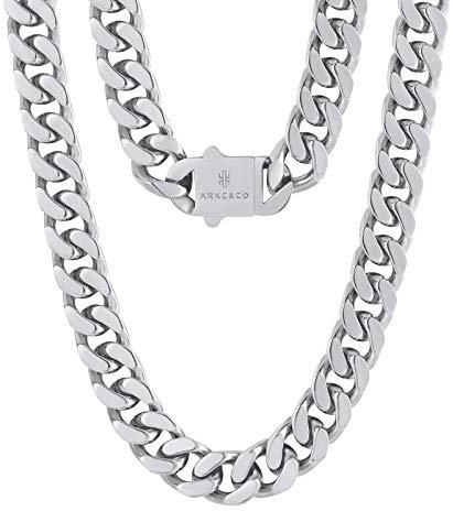 KRKC&CO 12mm Panzerkette, Weißgold plattiert Cuban Link Chain, Edelstahl Panzerkette Herren Silber Kubanische Gliederkette, Herren Silberketten Hip Hop Kette für Männer Jungen Größe 51cm