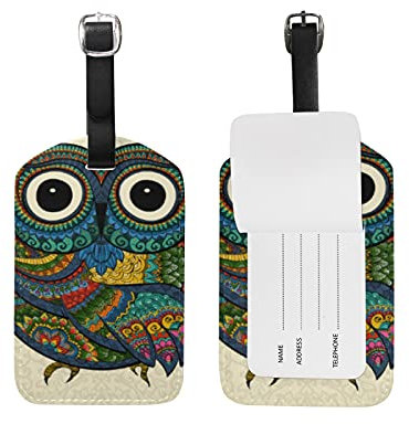 Eule Vogel Bunte Kunst Kofferanhänger mit Adressschild Lustig Leder Gepäckanhänger ID Etikett mit Namenschild für Reise Koffer Tasche(3PACK)