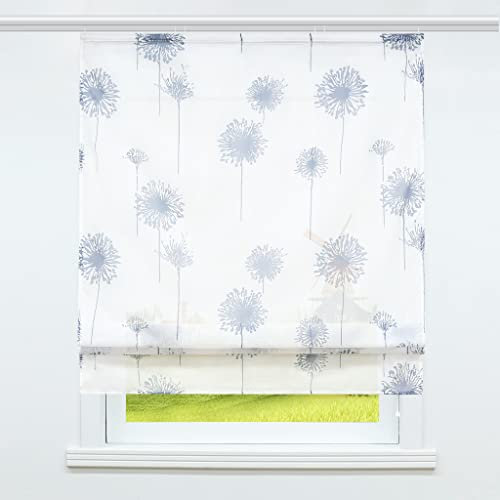 CORLIF Voile Raffrollo mit Klettband Küche Transparente Raffgardine Bändchenrollo mit Pusteblume Druck Modern Weiß BxH 60x140cm 1 Stück