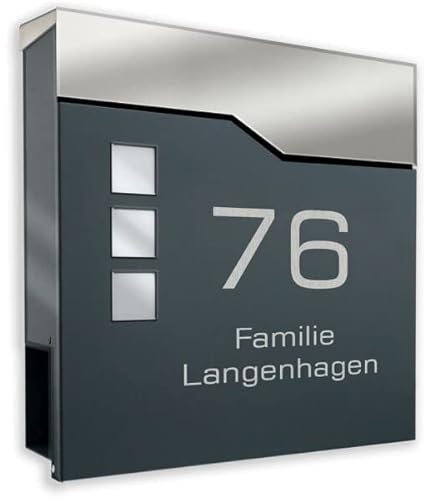 Edelstahl Briefkasten in anthrazit mit Beschriftung - Briefkasten aus pulverbeschichtetem Stahl mit Zeitungsrolle, Briefschlitz und Sichtfeldern