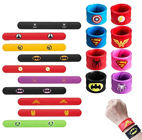HBYMYDA 10 Piezas Pulseras De Bofetada Superhéroes Bandas De Bofetadas Pulsera De Silicona De Superhéroe para Niños Y Niñas Favores La Fiesta Cumpleaños